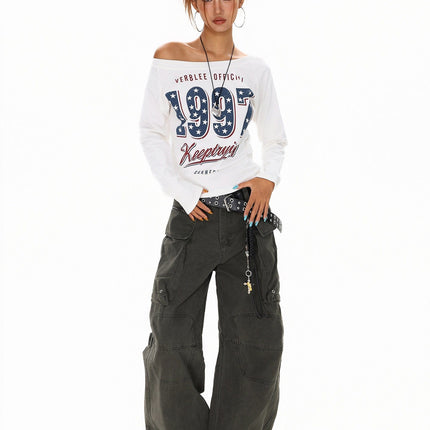 TALKLESSFASHION XPKAEAX Spice Girl Style American High Street Slim Long Sleeve T-Shirt Women's New Off-the-Shoulder Slimming Top for Fall 2025