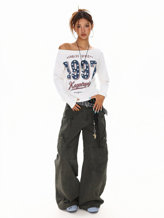 TALKLESSFASHION XPKAEAX Spice Girl Style American High Street Slim Long Sleeve T-Shirt Women's New Off-the-Shoulder Slimming Top for Fall 2025