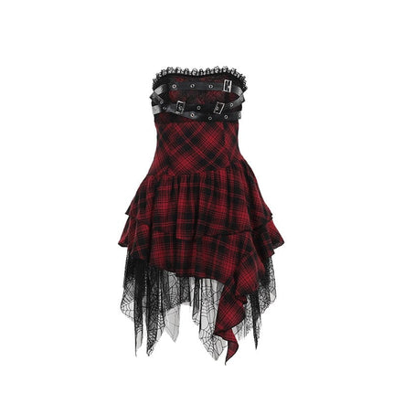TALKLESSFASHION XS24244 summer gothic new hip skirt celebrity style temperament sexy red plaid bandeau dress women