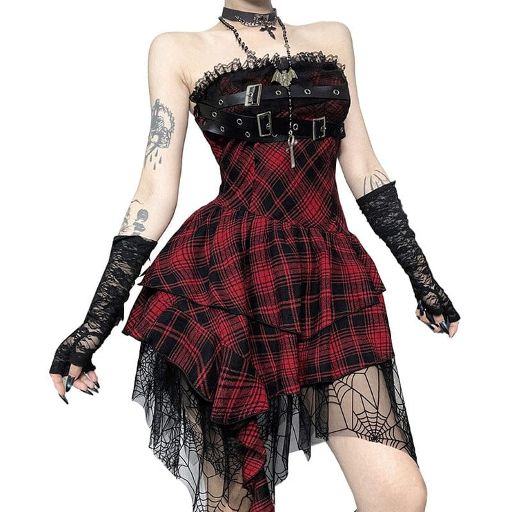 TALKLESSFASHION XS24244 summer gothic new hip skirt celebrity style temperament sexy red plaid bandeau dress women