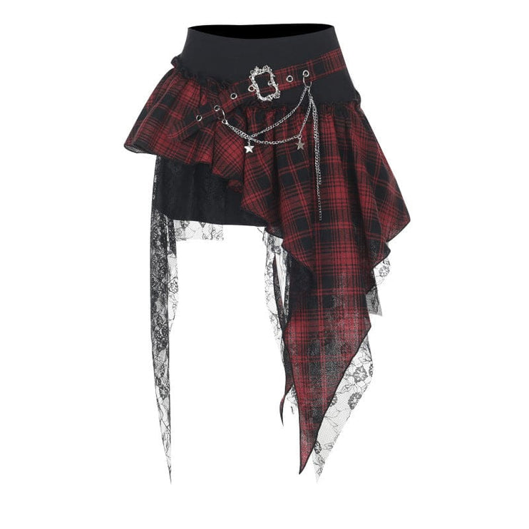 TALKLESSFASHION XS25091 irregular plaid lace patchwork skirt The new plaid versatile and comfortable dark dress for summer