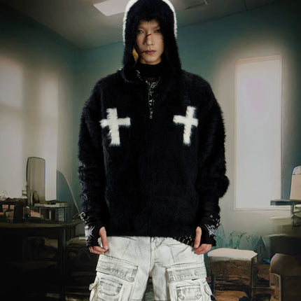 TALKLESSFASHION Y2K Mohair Hooded Cardigan