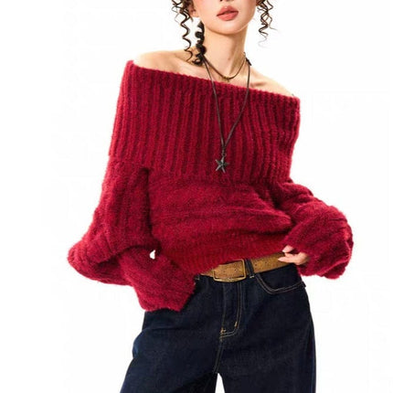 TALKLESSFASHION YOUNG Encore Red Atmosphere Red Sweater Women's Winter Retro Hot Girl Short One-Shoulder Top