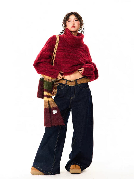 TALKLESSFASHION YOUNG Encore Red Atmosphere Red Sweater Women's Winter Retro Hot Girl Short One-Shoulder Top